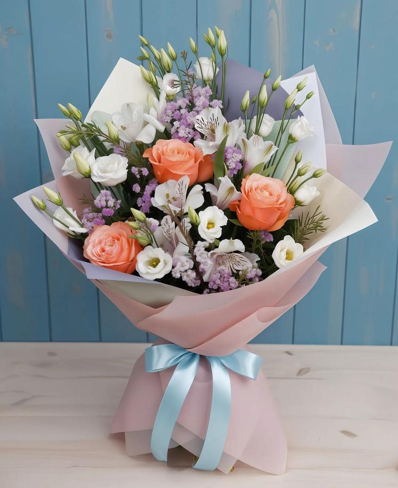 Букет цветов из: Лизиантусы, Розы, Альстромерии и Гипсофила в Нешукае