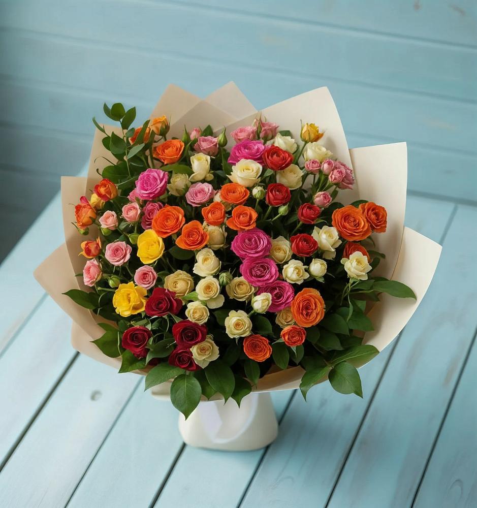Букет Микс из разноцветных кустовых роз в Нешукае