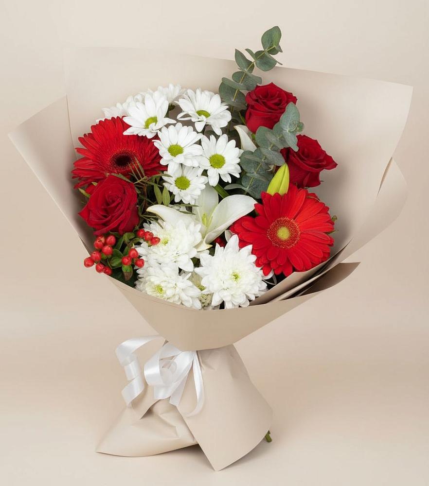 Букет цветов из: Розы, Хризантемы, Герберы и Лилии в Нешукае