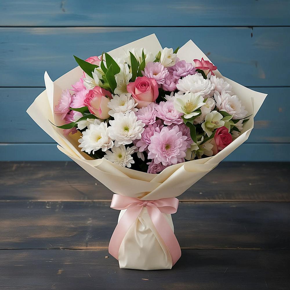 Букет цветов из: Хризантемы, Альстромерии и Розы в Нешукае